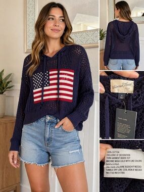 Universal Thread American Flag Hoodie Sweater Size Medium Navy Knit Lightweight